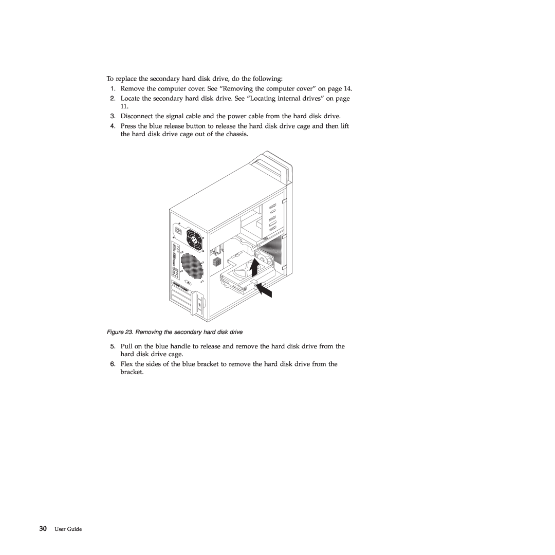 Lenovo 4219, 4220, 4222, 4215, 4221 manual Removing the secondary hard disk drive, 30User Guide 