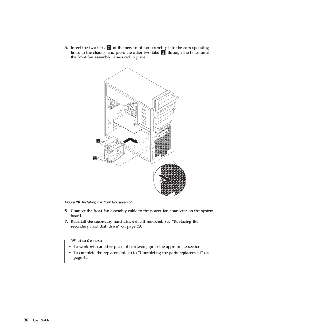 Lenovo 4221, 4220, 4222, 4215, 4219 manual What to do next, Installing the front fan assembly, 36User Guide 