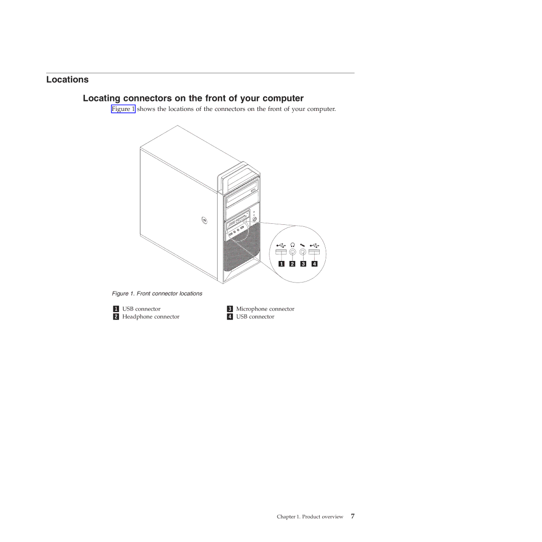 Lenovo 4220, 4222, 4215, 4219, 4221 Locations Locating connectors on the front of your computer, Front connector locations 