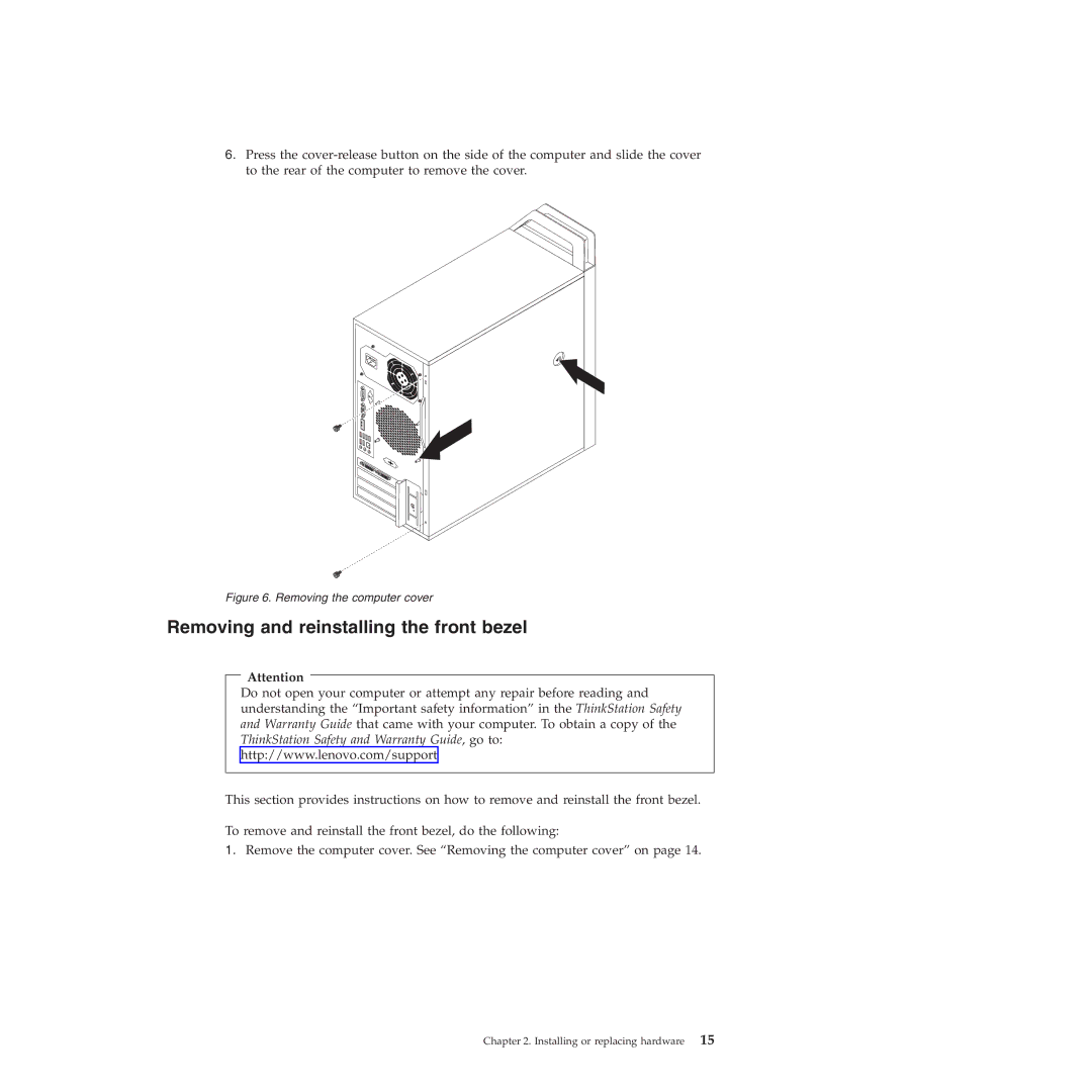 Lenovo 4219, 4220, 4222, 4215, 4221 manual Removing and reinstalling the front bezel, Removing the computer cover 