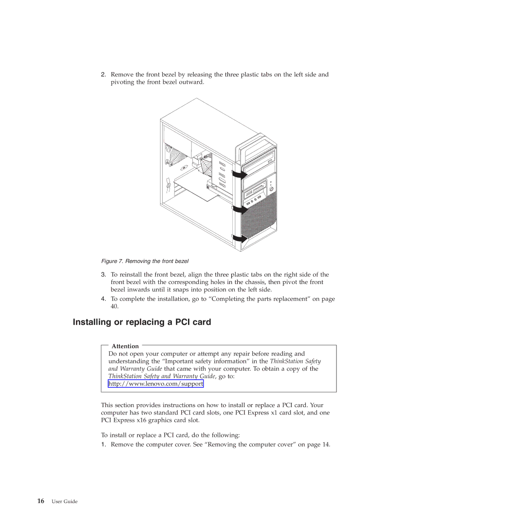 Lenovo 4221, 4220, 4222, 4215, 4219 manual Installing or replacing a PCI card, Removing the front bezel 