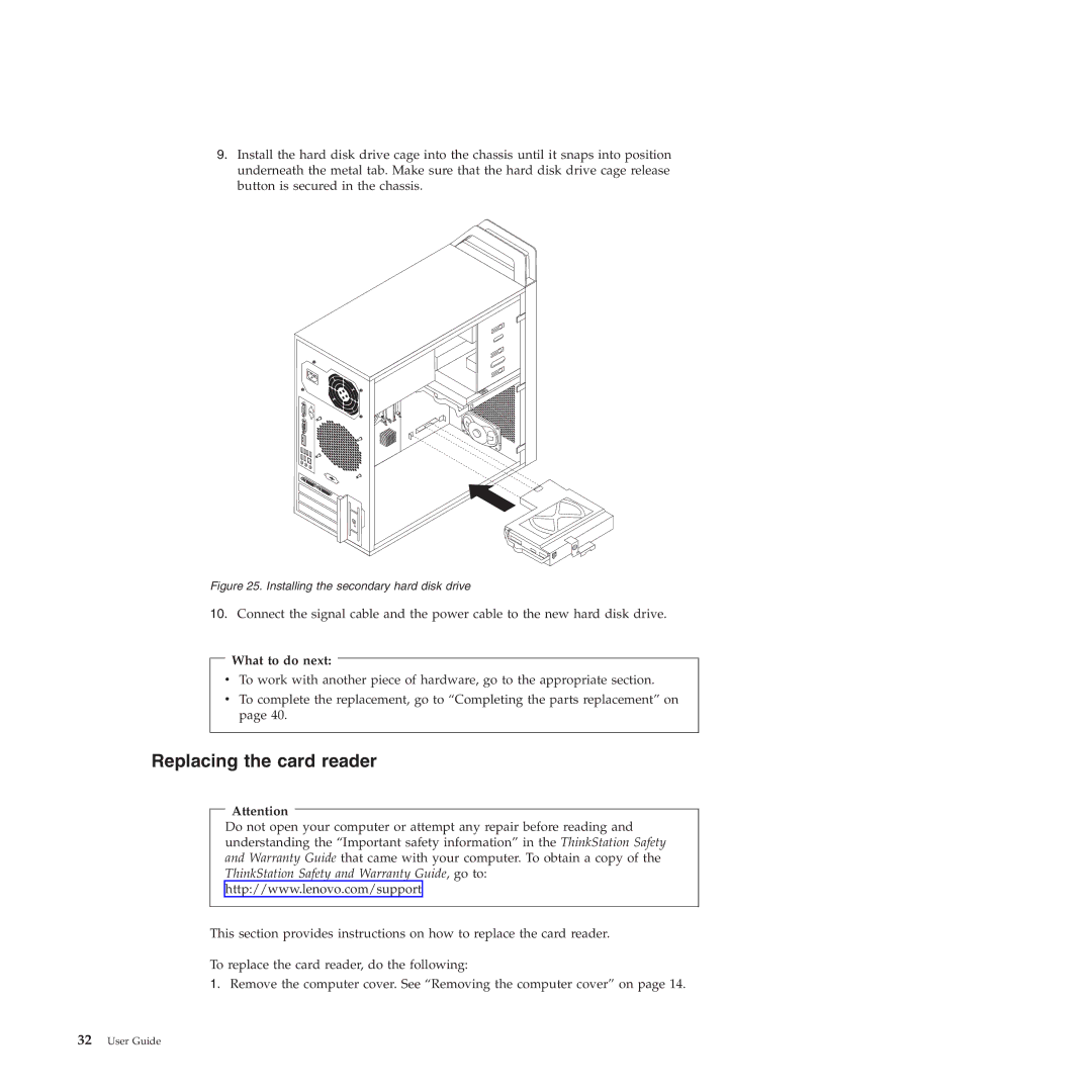 Lenovo 4220, 4222, 4215, 4219, 4221 manual Replacing the card reader, Installing the secondary hard disk drive 