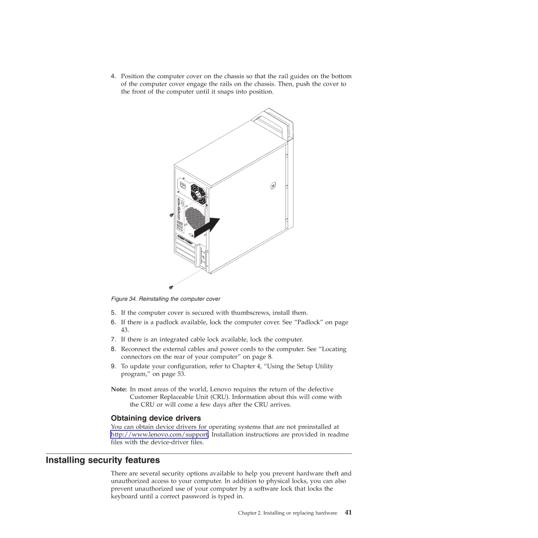 Lenovo 4221, 4220, 4222, 4215, 4219 manual Installing security features, Reinstalling the computer cover 