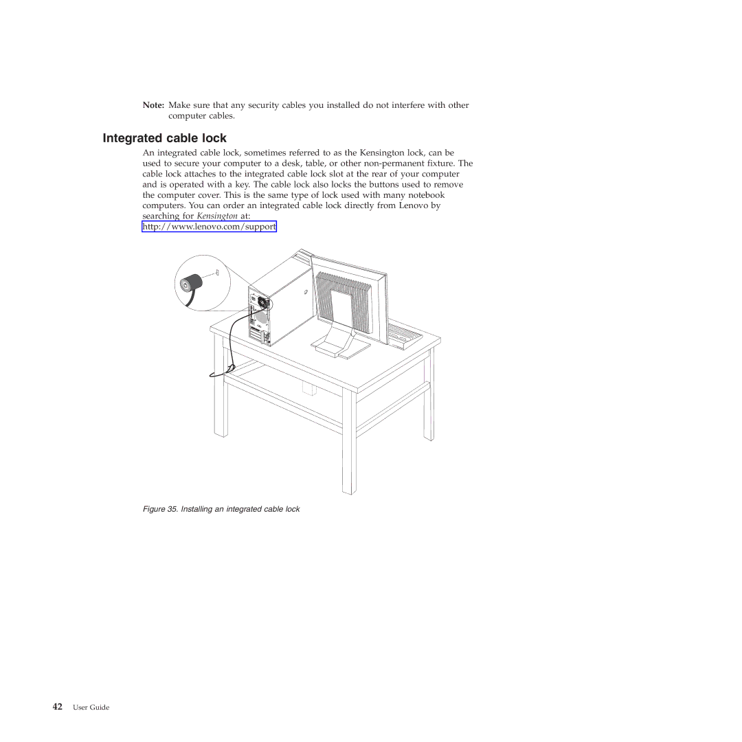 Lenovo 4220, 4222, 4215, 4219, 4221 manual Integrated cable lock, Installing an integrated cable lock 