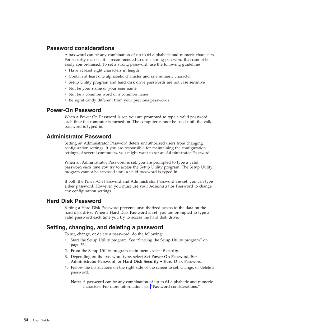 Lenovo 4215, 4220, 4222, 4219, 4221 Password considerations, Power-On Password, Administrator Password, Hard Disk Password 