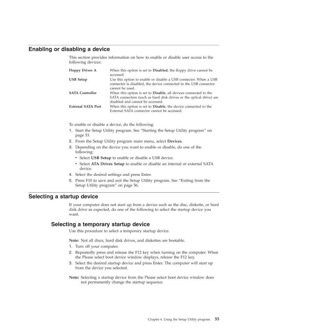 Lenovo 4219, 4220, 4222 Enabling or disabling a device, Selecting a startup device, Selecting a temporary startup device 