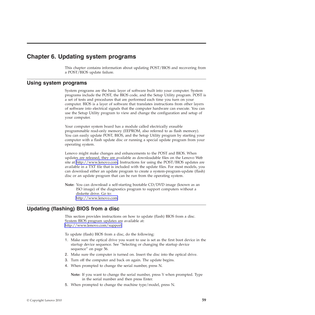 Lenovo 4215, 4220, 4222, 4219, 4221 manual Updating system programs, Using system programs, Updating flashing Bios from a disc 