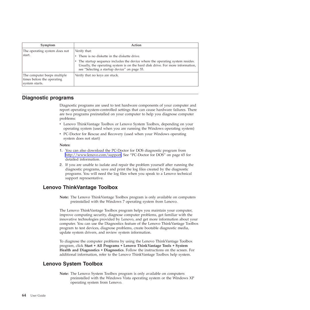 Lenovo 4215, 4220, 4222, 4219, 4221 manual Diagnostic programs, Lenovo ThinkVantage Toolbox, Lenovo System Toolbox 