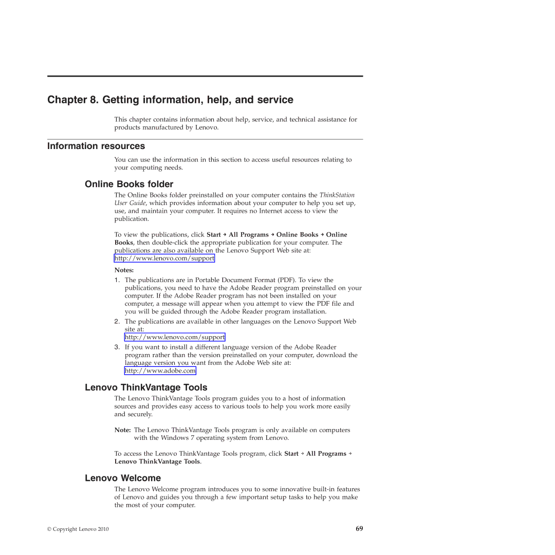 Lenovo 4215 Getting information, help, and service, Information resources, Online Books folder, Lenovo ThinkVantage Tools 
