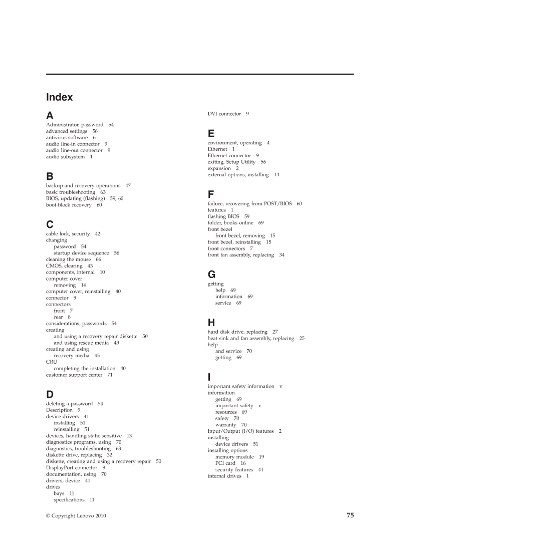 Lenovo 4219, 4220, 4222, 4215, 4221 manual Index, Cru 