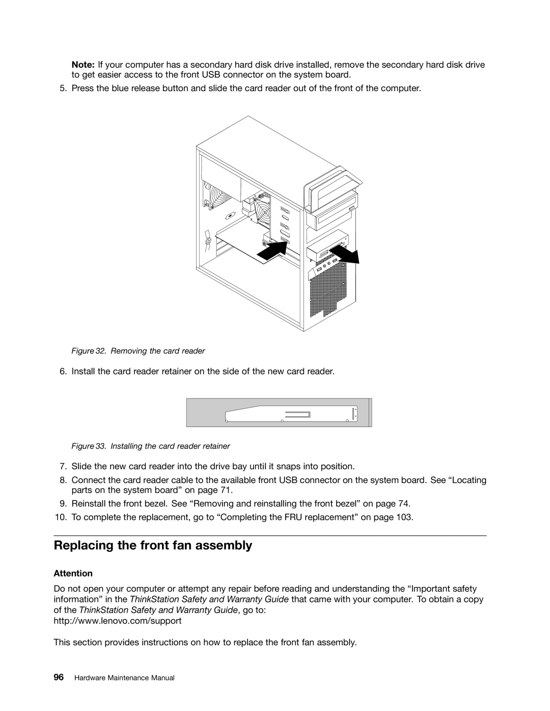 Lenovo 4215, 4220, 4222, 4219, 4221 manual Replacing the front fan assembly, Removing the card reader 