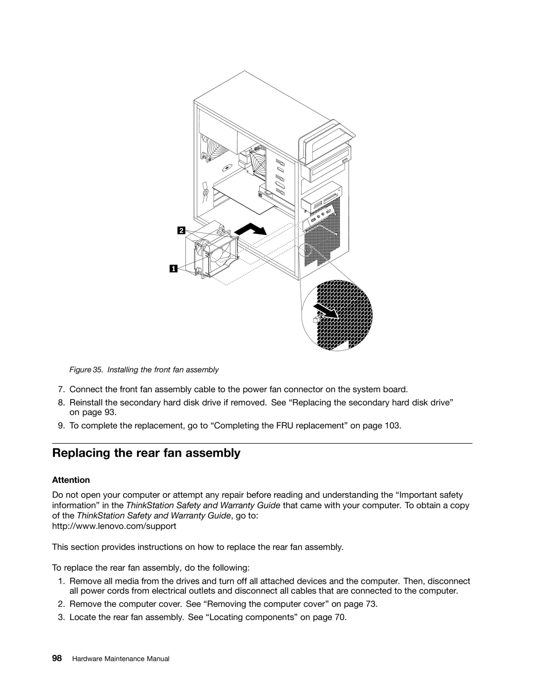 Lenovo 4221, 4220, 4222, 4215, 4219 manual Replacing the rear fan assembly, Installing the front fan assembly 