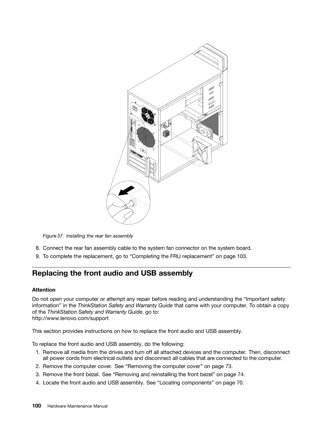 Lenovo 4222, 4220, 4215, 4219, 4221 manual Replacing the front audio and USB assembly, Installing the rear fan assembly 