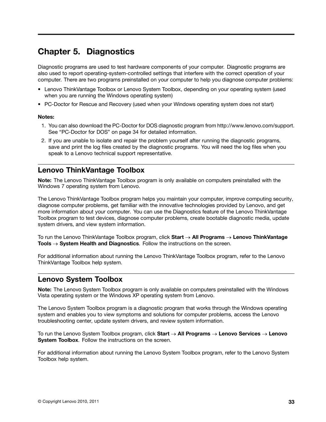 Lenovo 4221, 4220, 4222, 4215, 4219 manual Diagnostics, Lenovo ThinkVantage Toolbox, Lenovo System Toolbox 