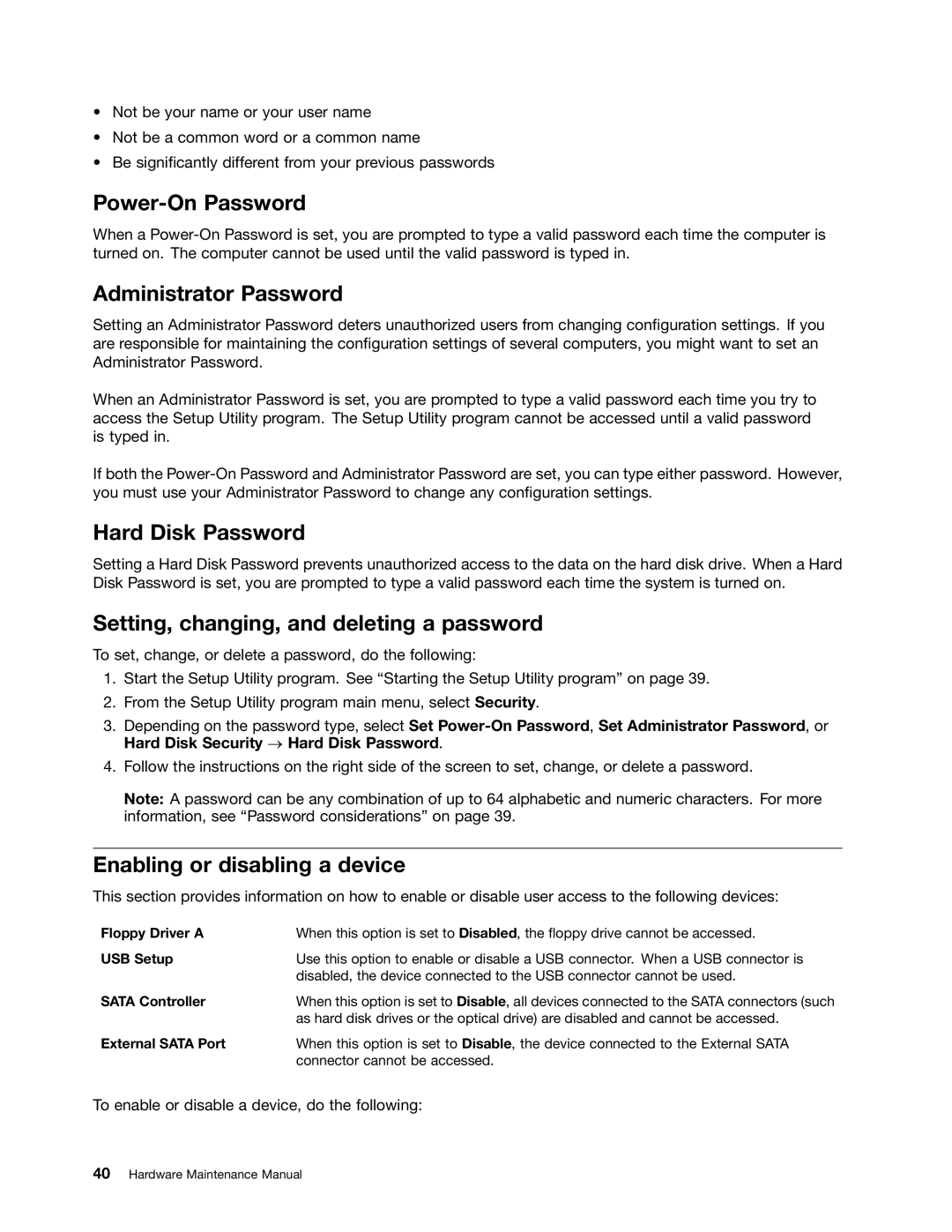 Lenovo 4222 Power-On Password, Administrator Password, Hard Disk Password, Setting, changing, and deleting a password 