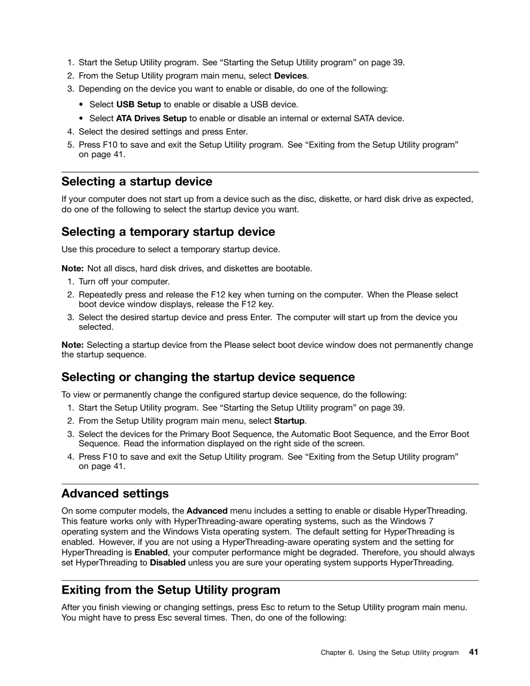 Lenovo 4215, 4220, 4222, 4219, 4221 manual Selecting a startup device, Selecting a temporary startup device, Advanced settings 