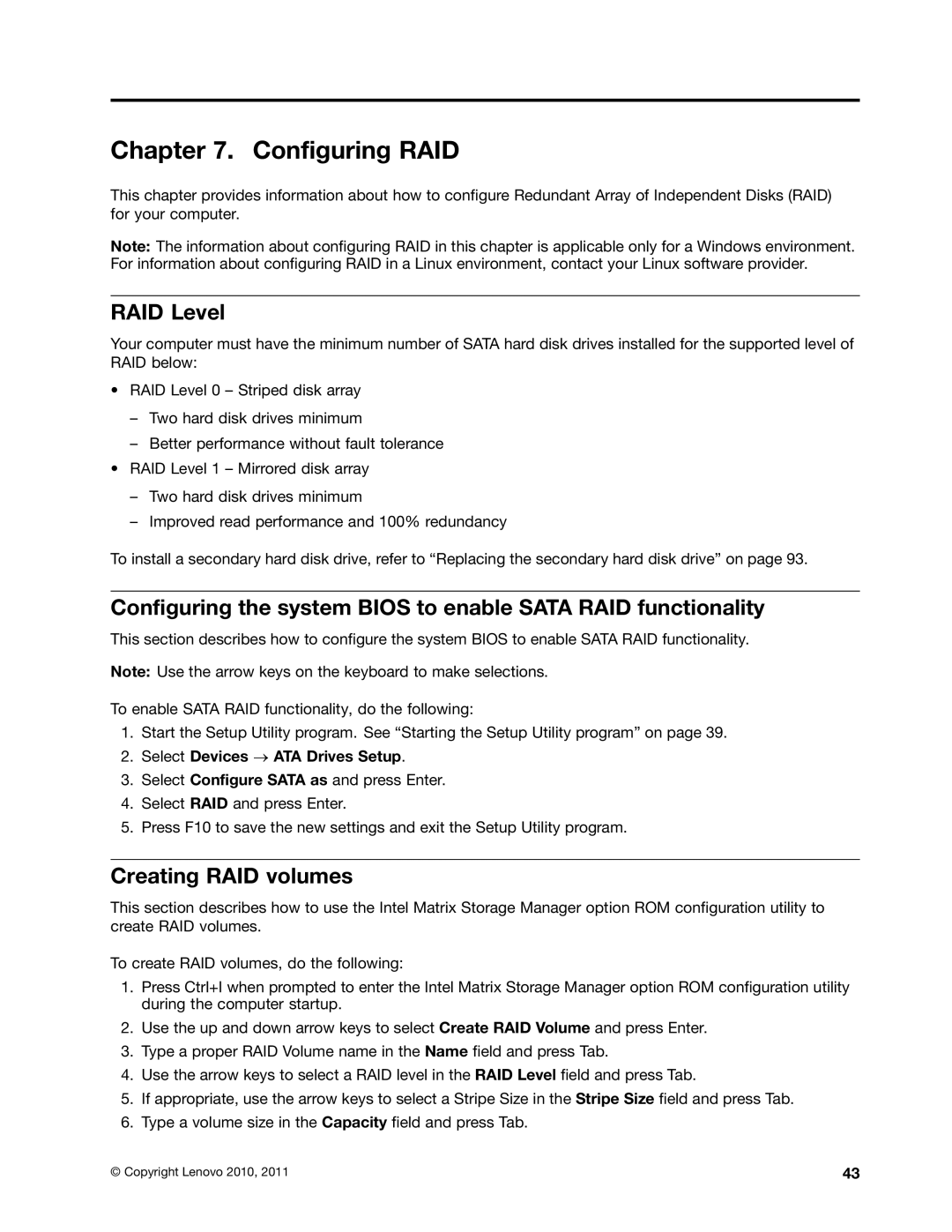 Lenovo 4221, 4220, 4222, 4215, 4219 manual Configuring RAID, RAID Level, Creating RAID volumes 