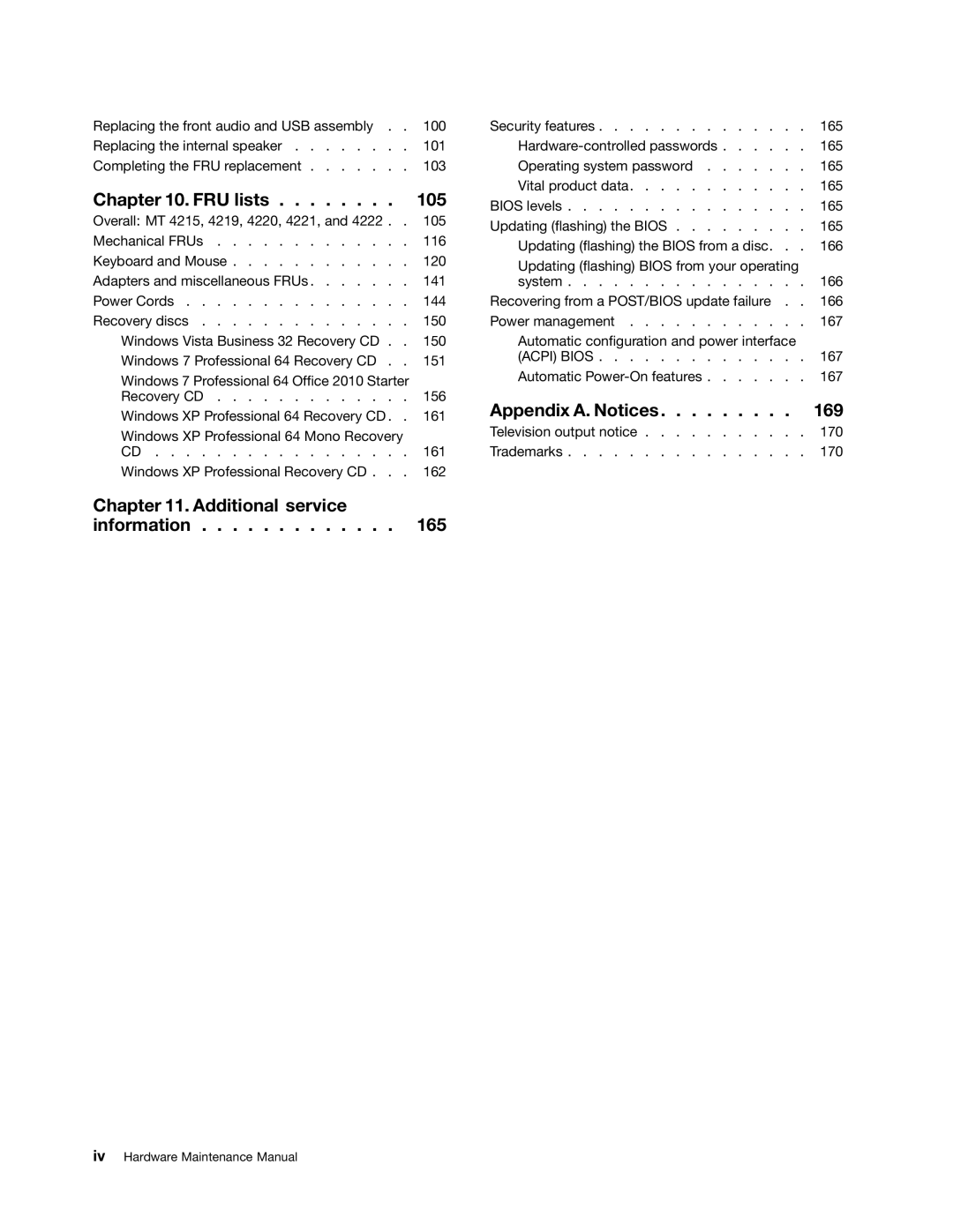 Lenovo 4222, 4220, 4215, 4219, 4221 manual FRU lists 105, Acpi Bios 