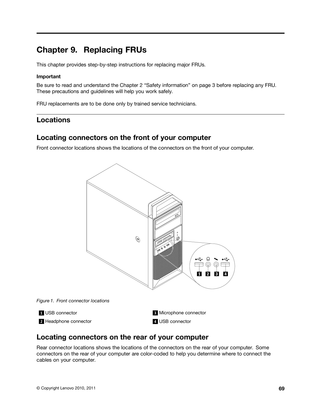 Lenovo 4220, 4222, 4215, 4219, 4221 manual Replacing FRUs, Locations Locating connectors on the front of your computer 