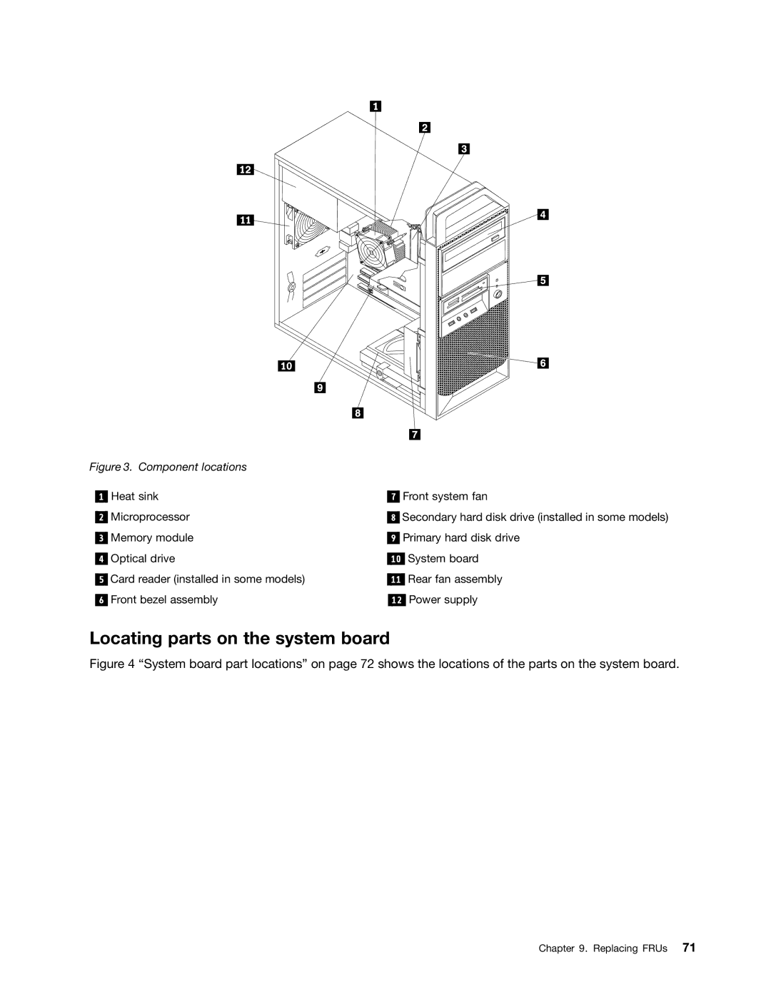 Lenovo 4215, 4220, 4222, 4219, 4221 manual Locating parts on the system board, Component locations 