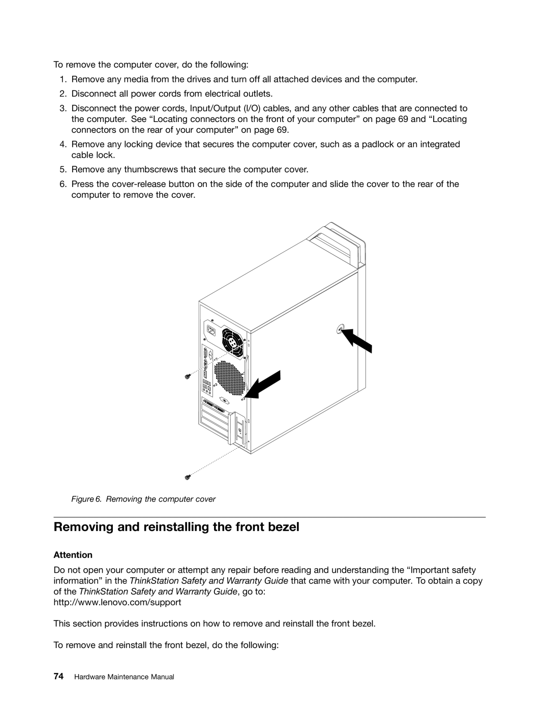 Lenovo 4220, 4222, 4215, 4219, 4221 manual Removing and reinstalling the front bezel, Removing the computer cover 