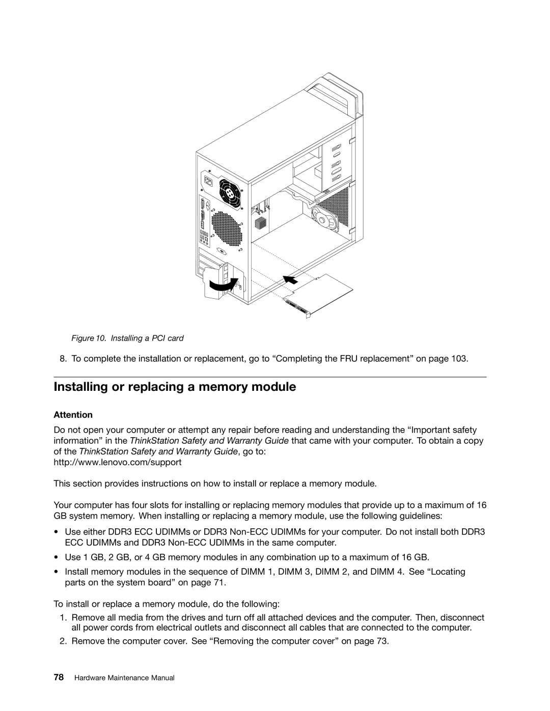 Lenovo 4221, 4220, 4222, 4215, 4219 manual Installing or replacing a memory module, Installing a PCI card 