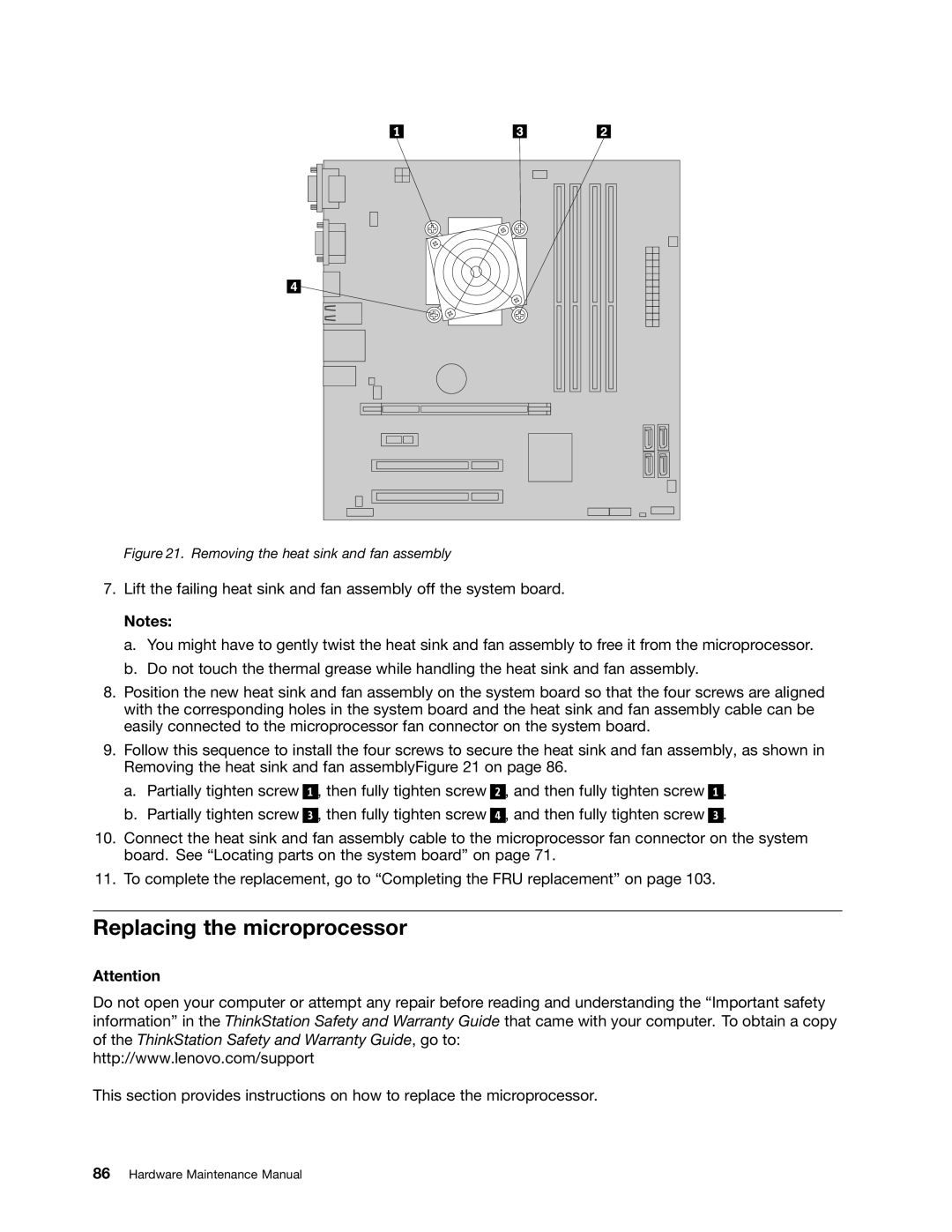 Lenovo 4215, 4220, 4222, 4219, 4221 manual Replacing the microprocessor, Removing the heat sink and fan assembly 