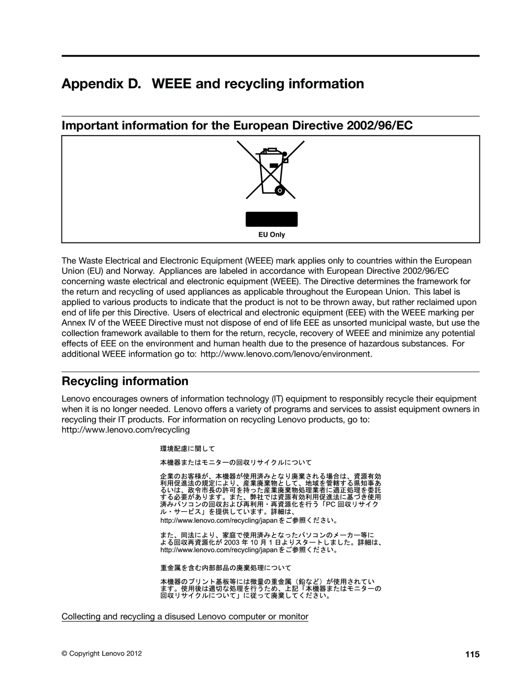 Lenovo 4228 Appendix D. Weee and recycling information, Important information for the European Directive 2002/96/EC, 115 