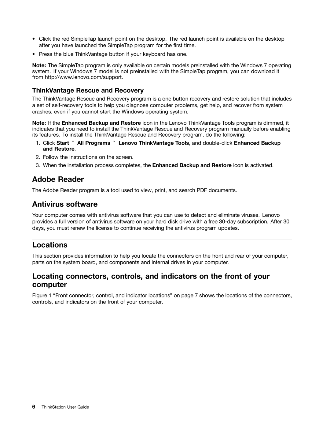 Lenovo 4223, 4228, 4229 manual Adobe Reader Antivirus software, Locations, ThinkVantage Rescue and Recovery 