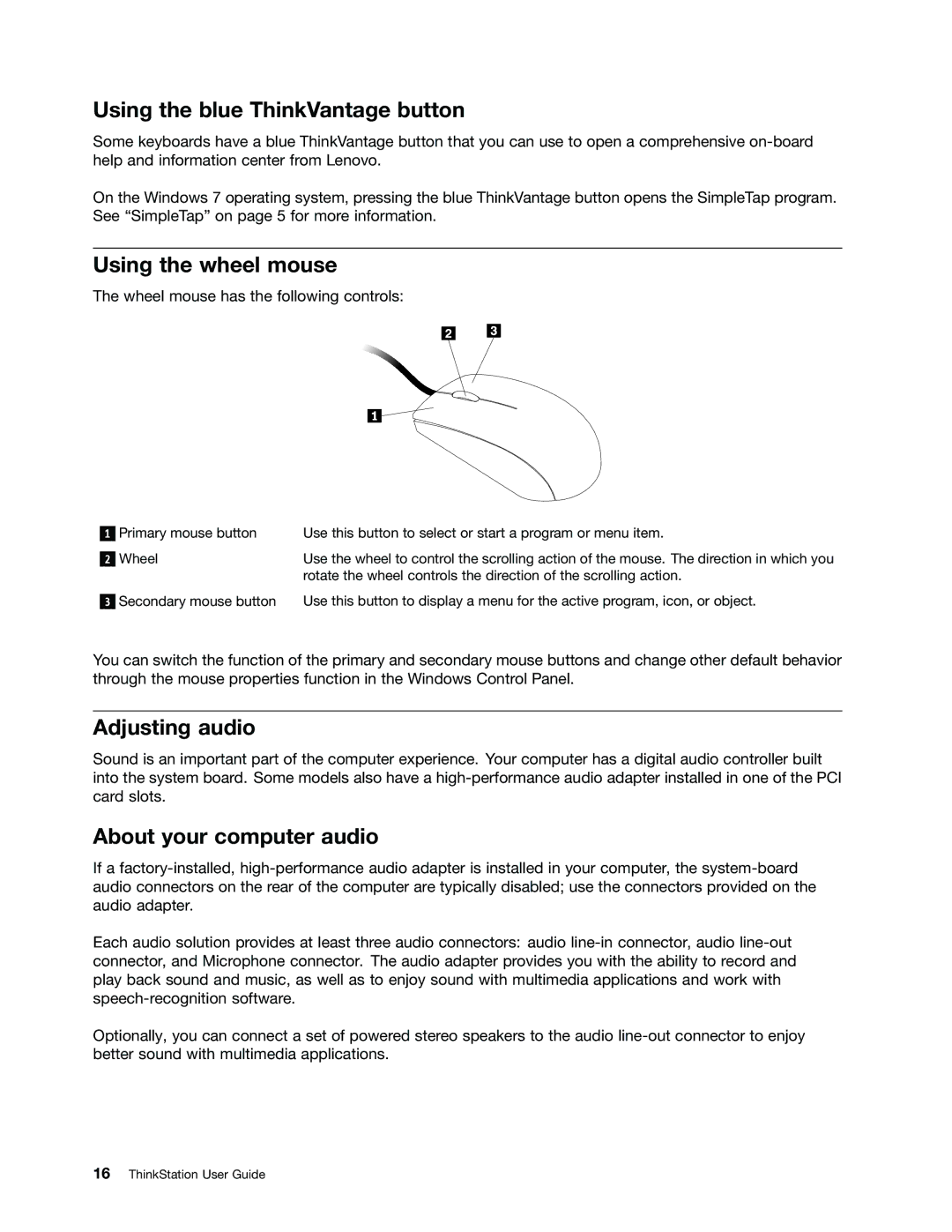 Lenovo 4228, 4223 Using the blue ThinkVantage button, Using the wheel mouse, Adjusting audio, About your computer audio 