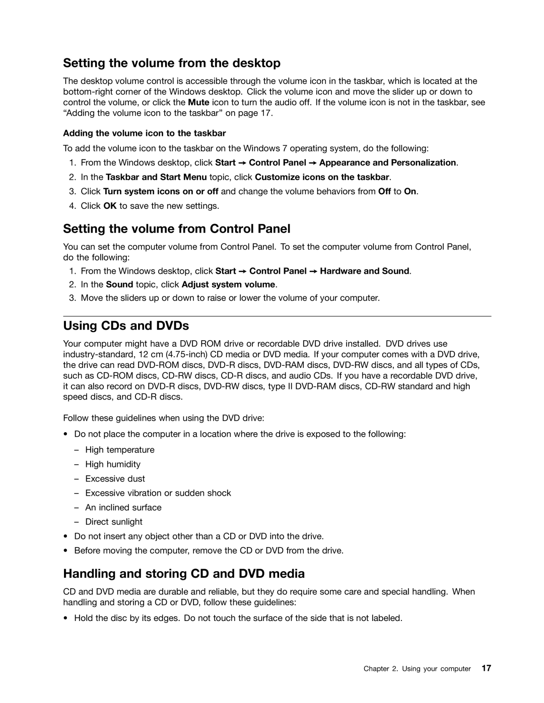 Lenovo 4229, 4223, 4228 manual Setting the volume from the desktop, Setting the volume from Control Panel, Using CDs and DVDs 