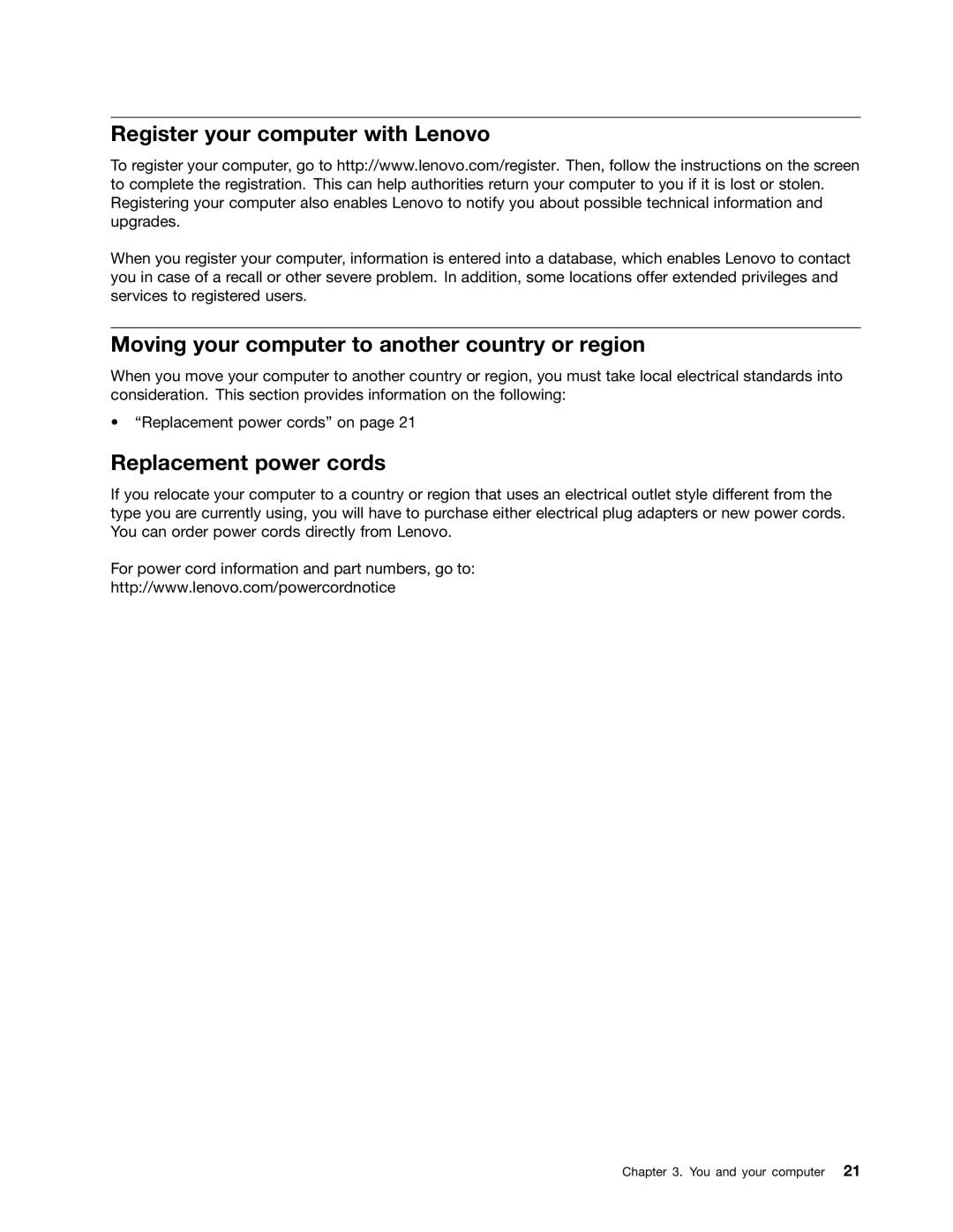 Lenovo 4223 Register your computer with Lenovo, Moving your computer to another country or region, Replacement power cords 