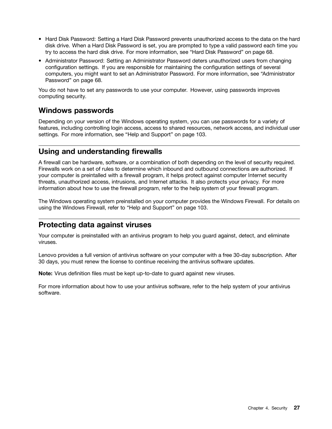 Lenovo 4223, 4228, 4229 manual Windows passwords, Using and understanding firewalls, Protecting data against viruses 