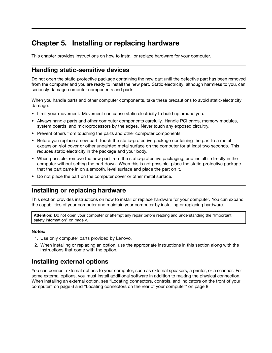 Lenovo 4229, 4223, 4228 Installing or replacing hardware, Handling static-sensitive devices, Installing external options 