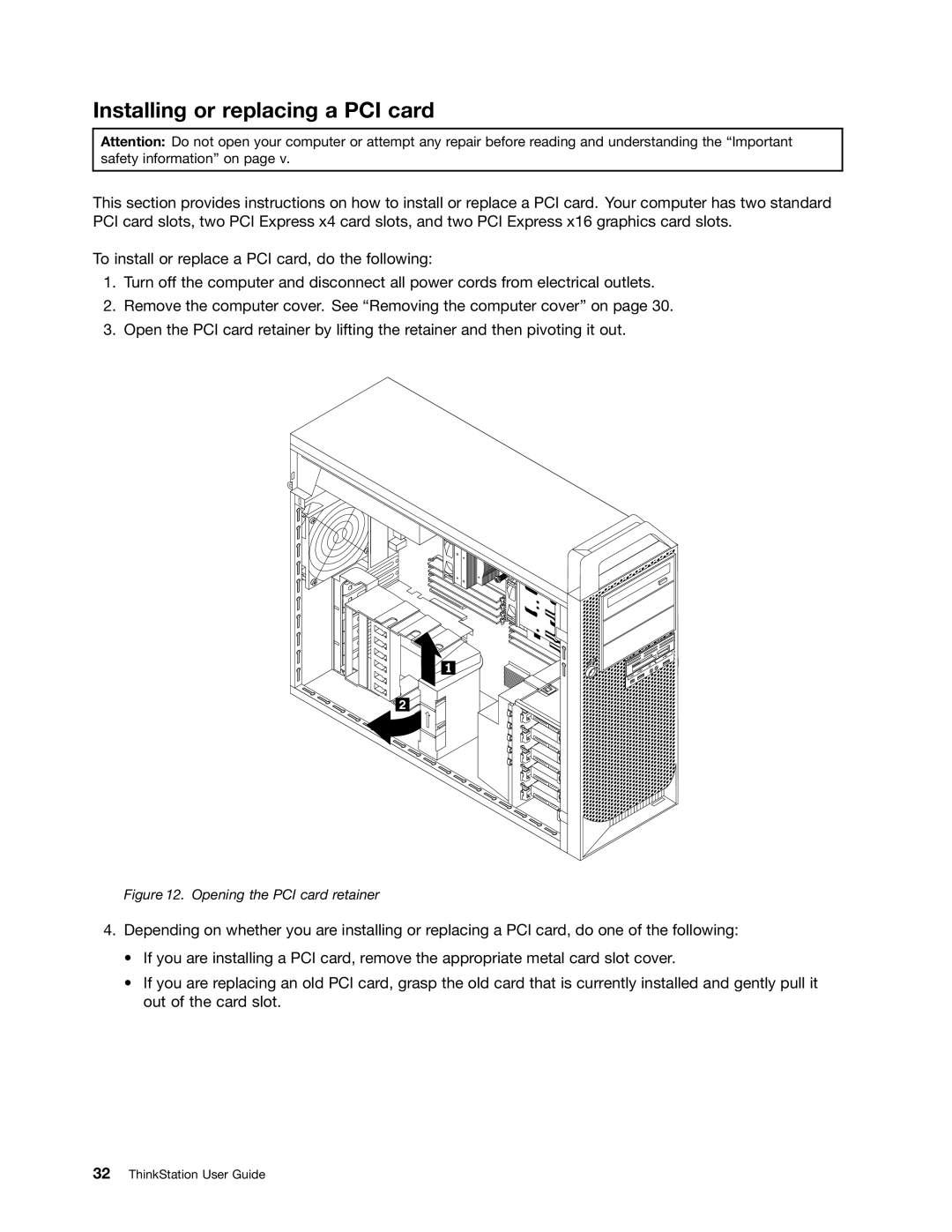 Lenovo 4229, 4223, 4228 manual Installing or replacing a PCI card, Opening the PCI card retainer 