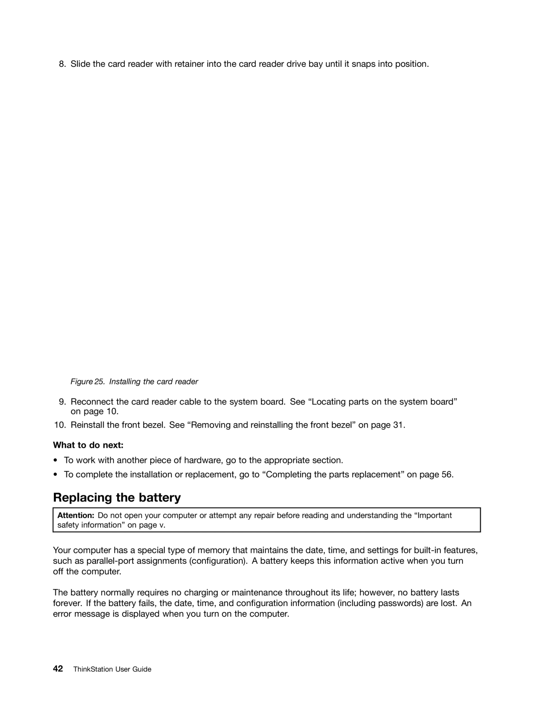 Lenovo 4223, 4228, 4229 manual Replacing the battery, Installing the card reader 