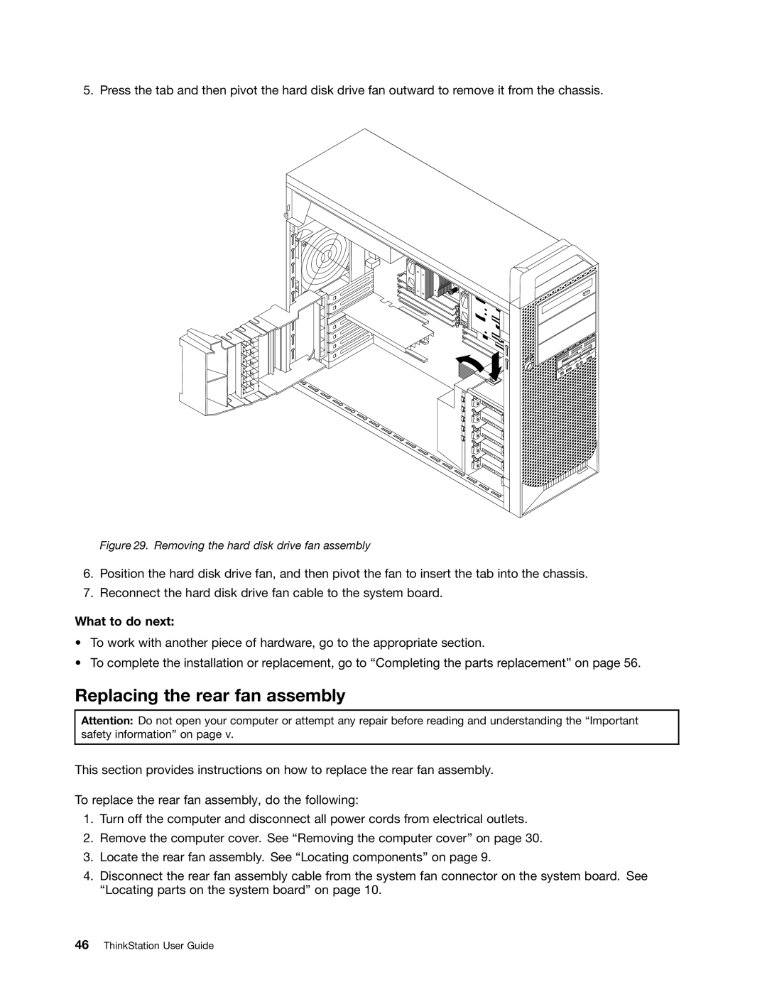 Lenovo 4228, 4223, 4229 manual Replacing the rear fan assembly, Removing the hard disk drive fan assembly 