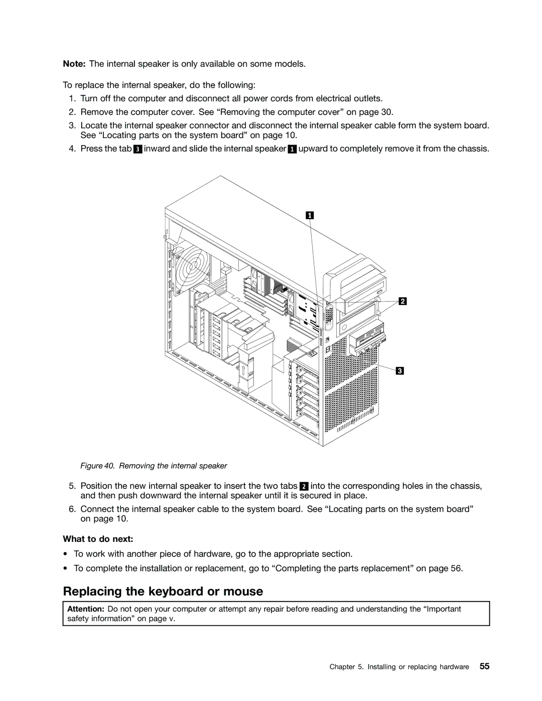 Lenovo 4228, 4223, 4229 manual Replacing the keyboard or mouse, Removing the internal speaker 