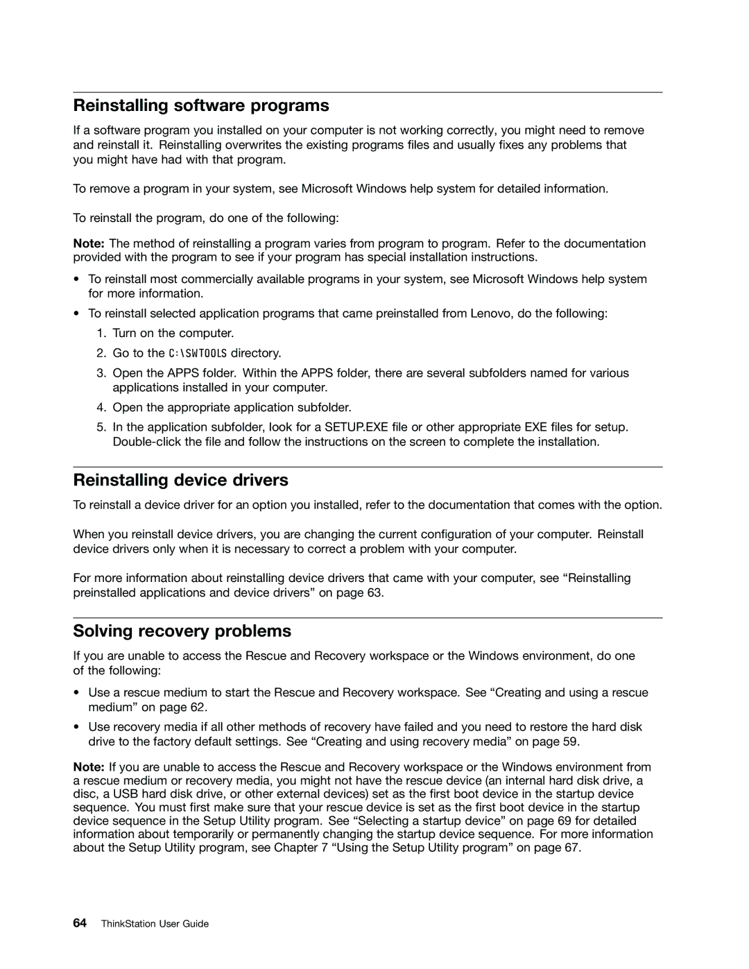 Lenovo 4228, 4223, 4229 manual Reinstalling software programs, Reinstalling device drivers, Solving recovery problems 