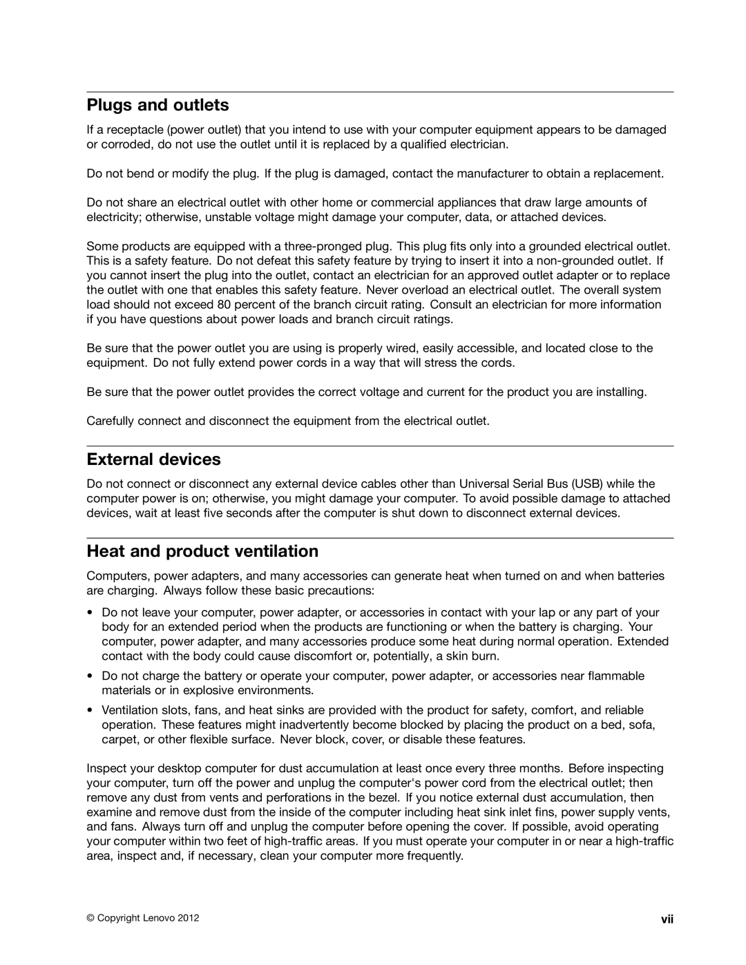 Lenovo 4223, 4228, 4229 manual Plugs and outlets, External devices, Heat and product ventilation 