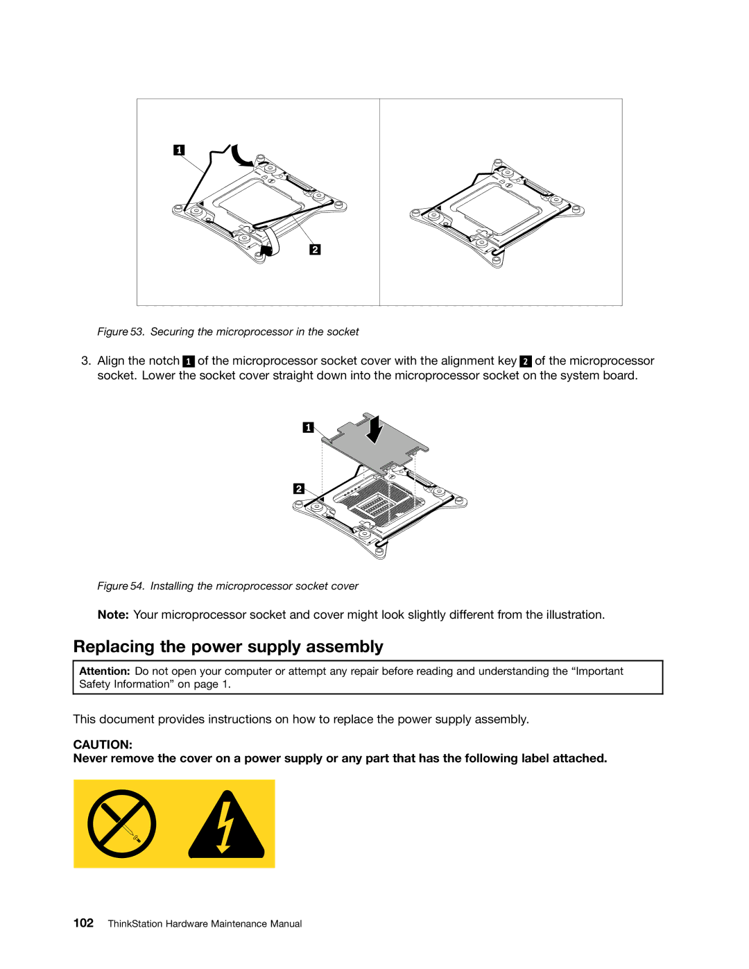 Lenovo 4223, 4228, 4229 manual Replacing the power supply assembly, Installing the microprocessor socket cover 