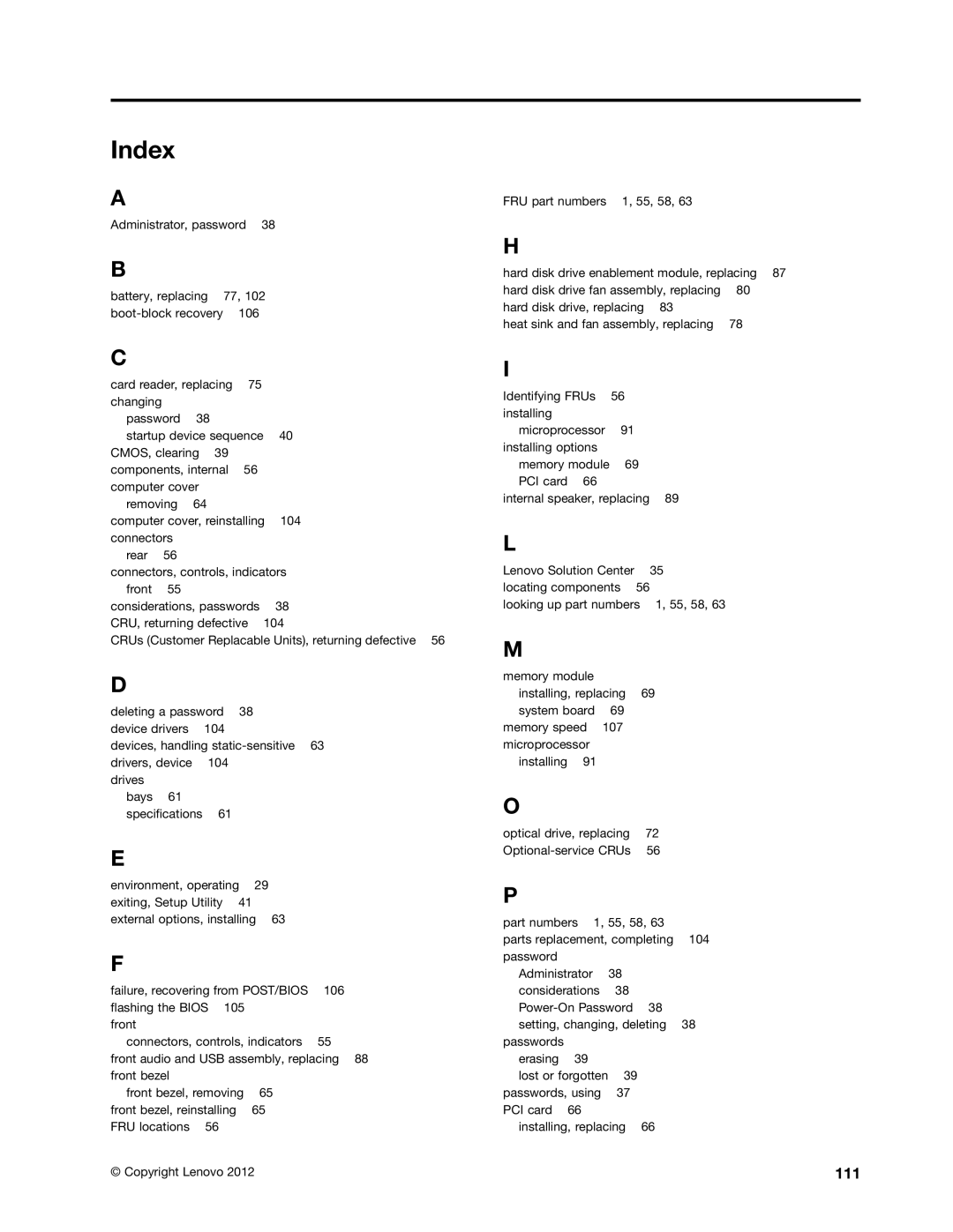 Lenovo 4223, 4228, 4229 manual Index, 111 