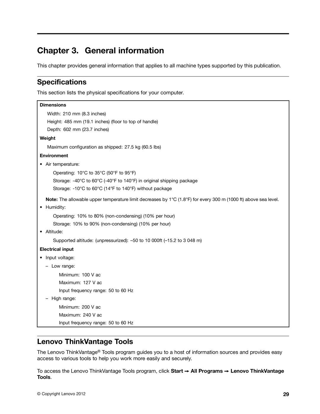 Lenovo 4229, 4223, 4228 manual General information, Specifications, Lenovo ThinkVantage Tools 