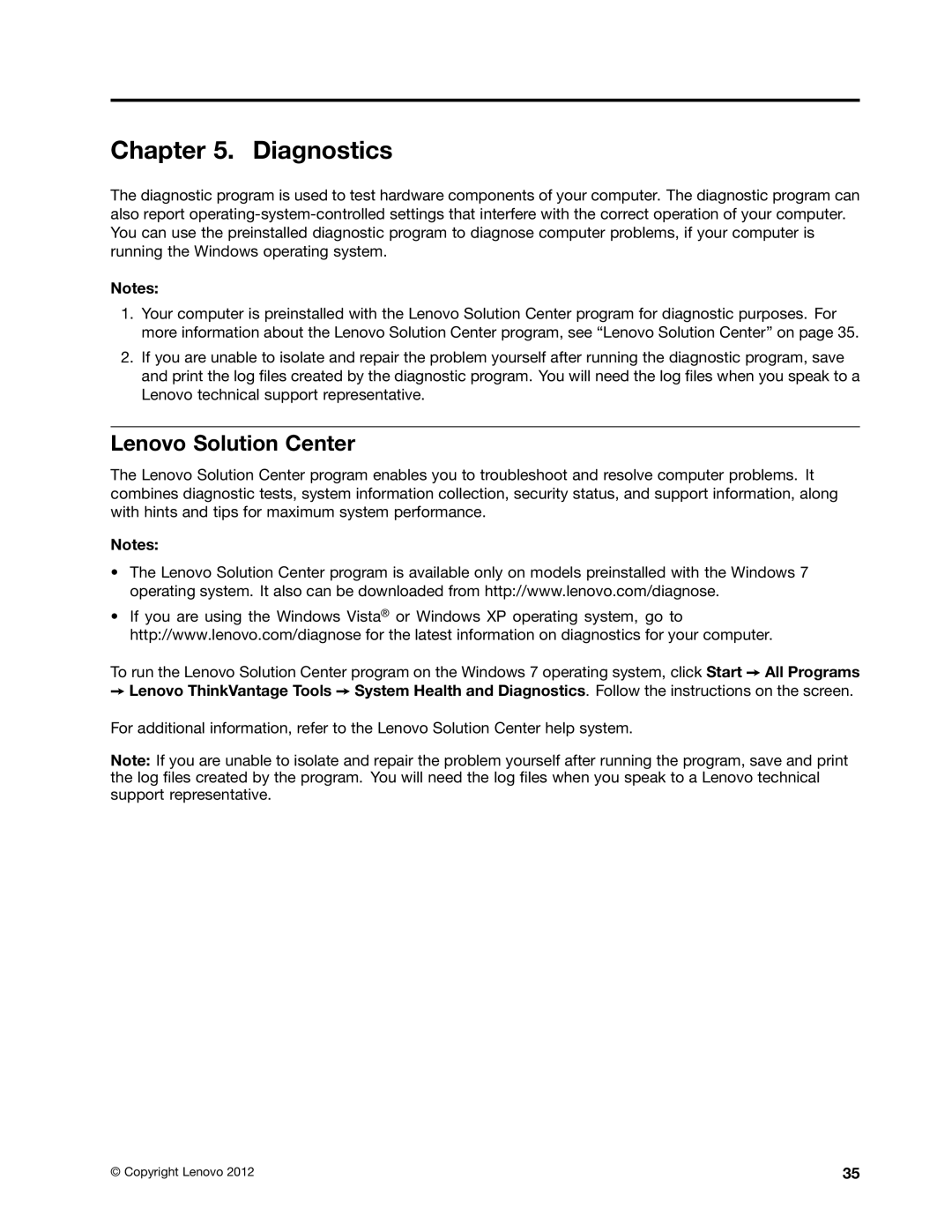 Lenovo 4229, 4223, 4228 manual Diagnostics, Lenovo Solution Center 