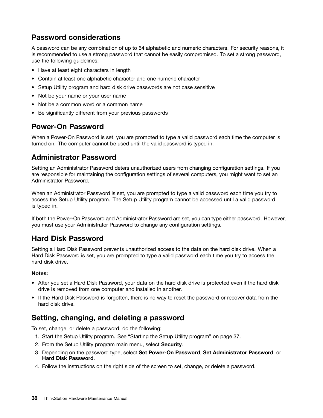 Lenovo 4229, 4223, 4228 manual Password considerations, Power-On Password, Administrator Password, Hard Disk Password 