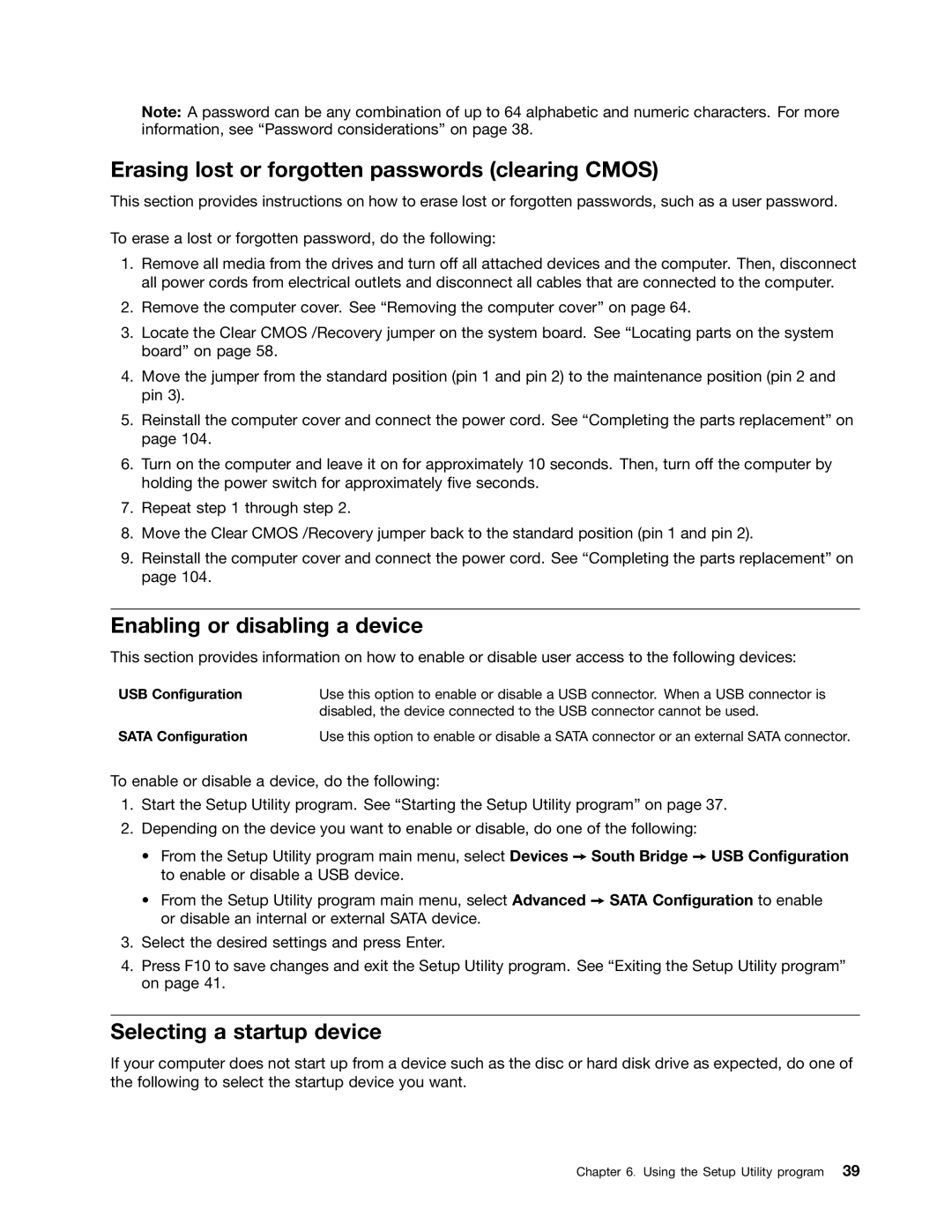 Lenovo 4223 Erasing lost or forgotten passwords clearing Cmos, Enabling or disabling a device, Selecting a startup device 