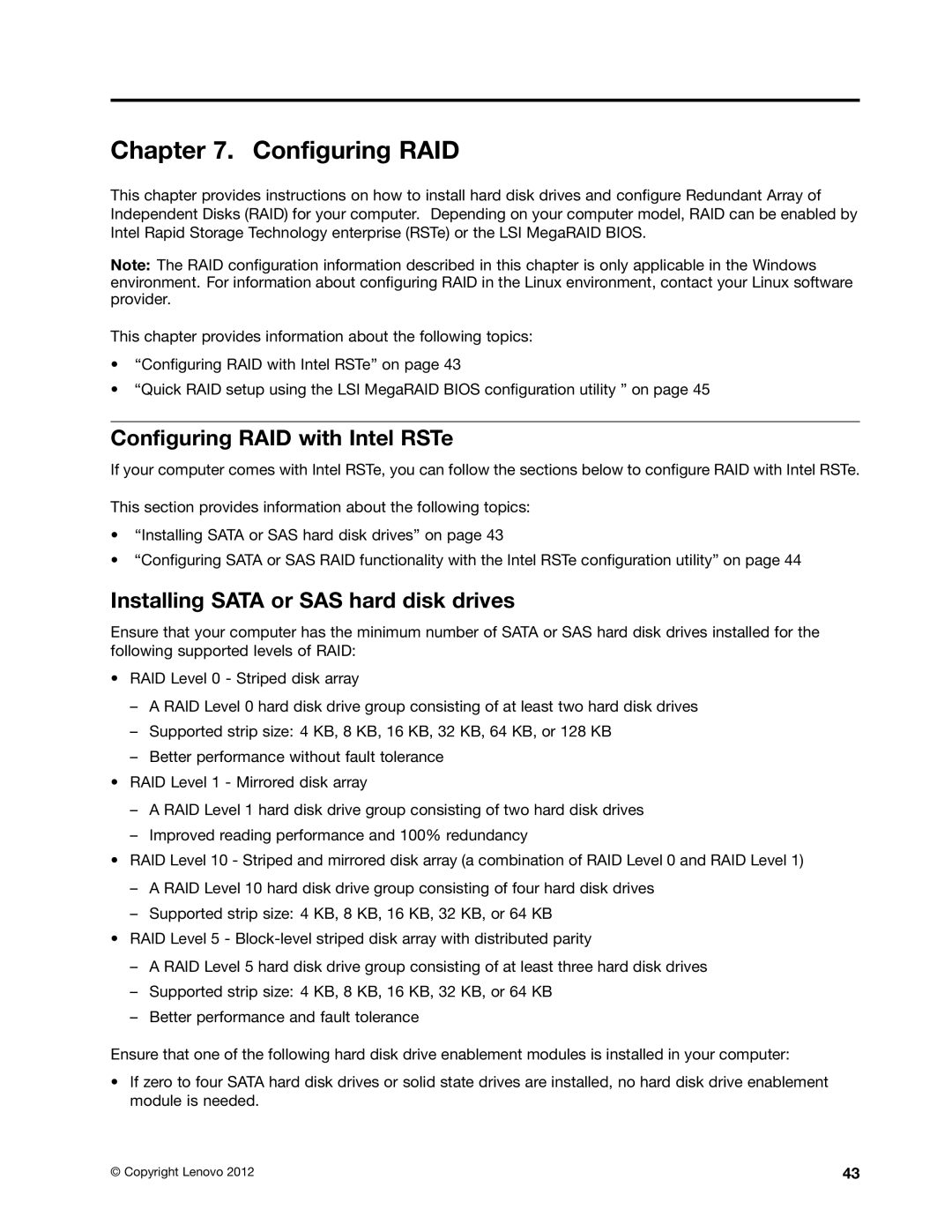 Lenovo 4228, 4223, 4229 manual Configuring RAID with Intel RSTe, Installing Sata or SAS hard disk drives 
