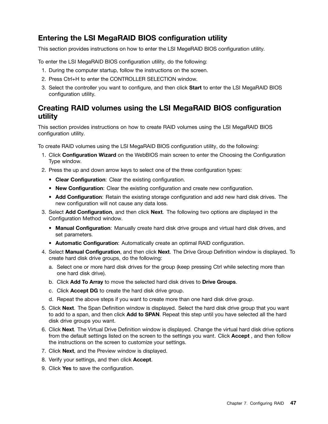 Lenovo 4229, 4223, 4228 manual Entering the LSI MegaRAID Bios configuration utility 