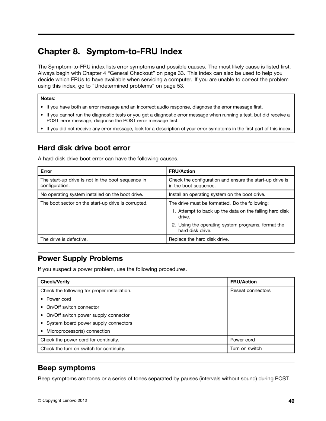 Lenovo 4228, 4223, 4229 manual Symptom-to-FRU Index, Hard disk drive boot error, Power Supply Problems, Beep symptoms 