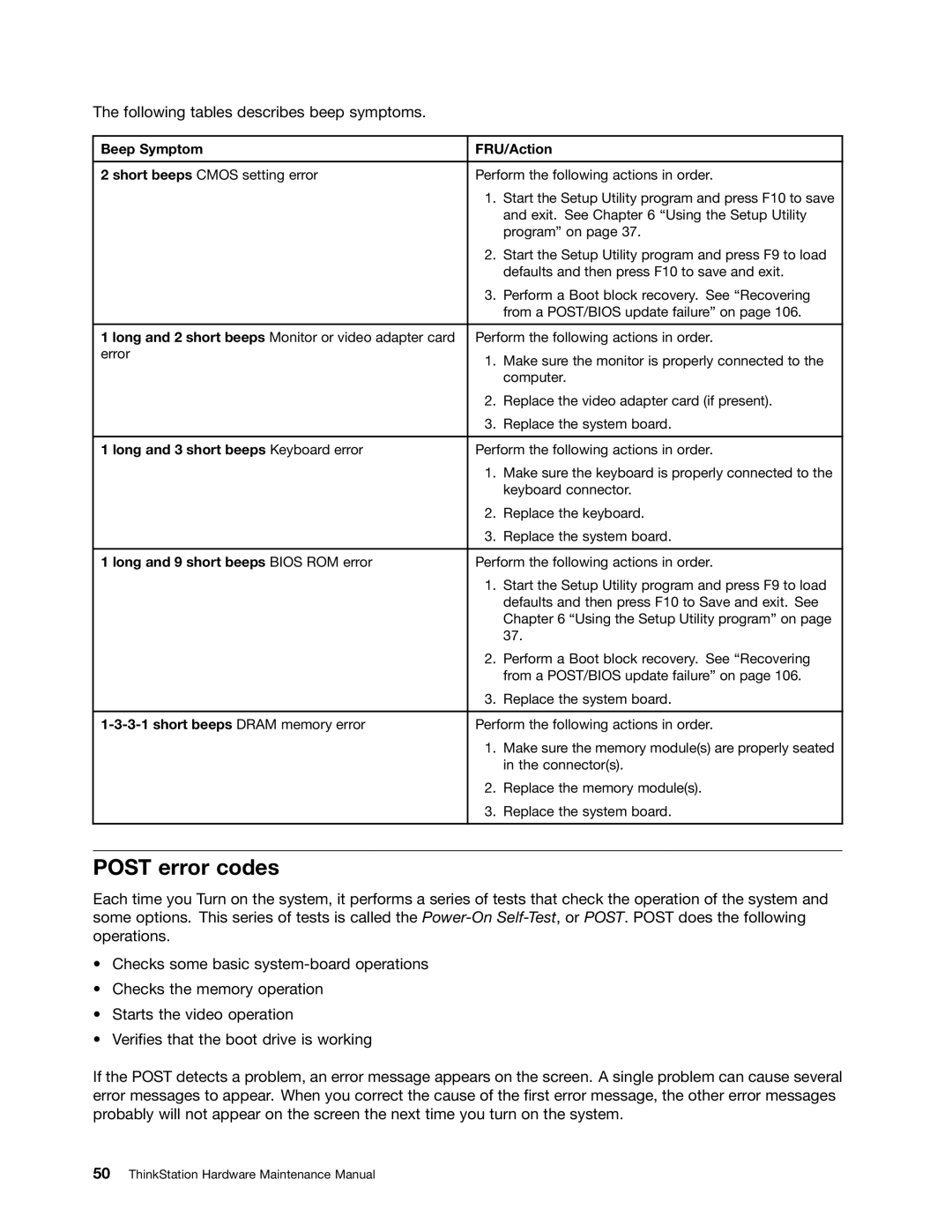 Lenovo 4229, 4223, 4228 manual Post error codes, Beep Symptom FRU/Action, Long and 3 short beeps Keyboard error 